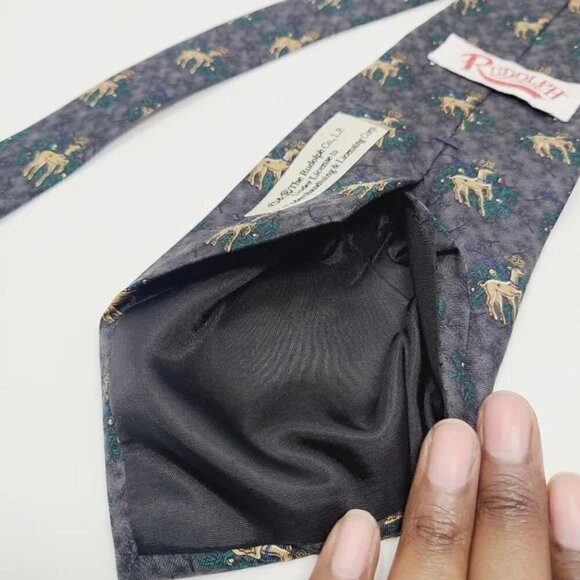 Rudolph Company | Men's Gray Reindeer & Mistletoe Print Christmas or Holiday Tie - Picture 5 of 10